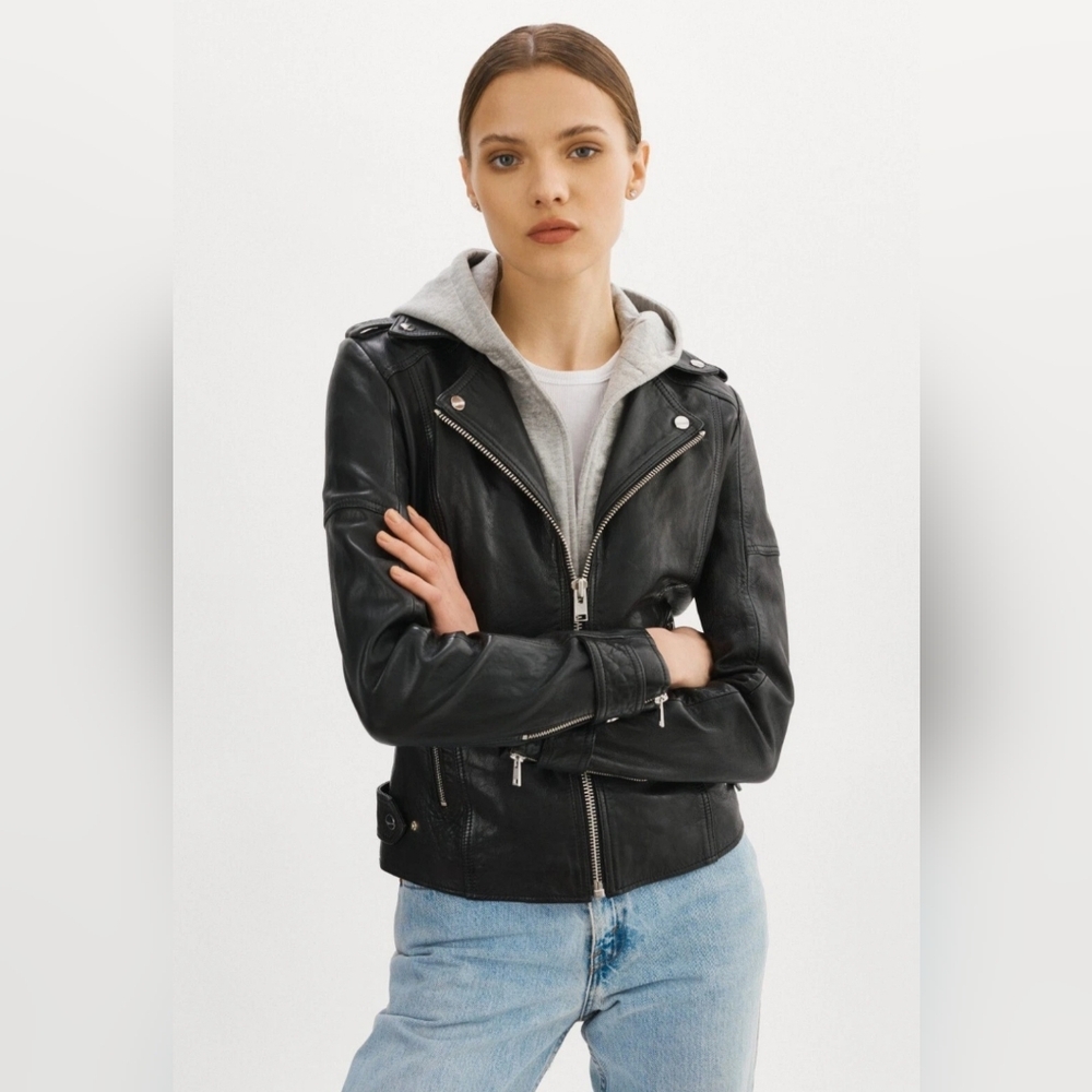 LAMARQUE Anna Black Leather Biker Jacket With Hoodie Small